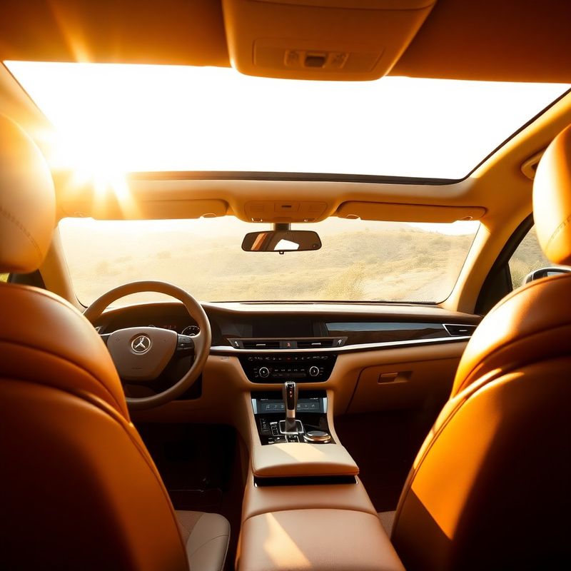Interior de una berlina de lujo con asientos de cuero claro y luz ámbar